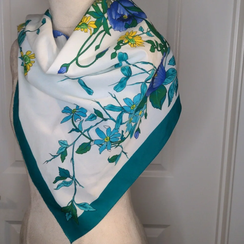 Vintage 60s Floral Scarf Italy Teal and White Garden Cottagecore Spring Summer
